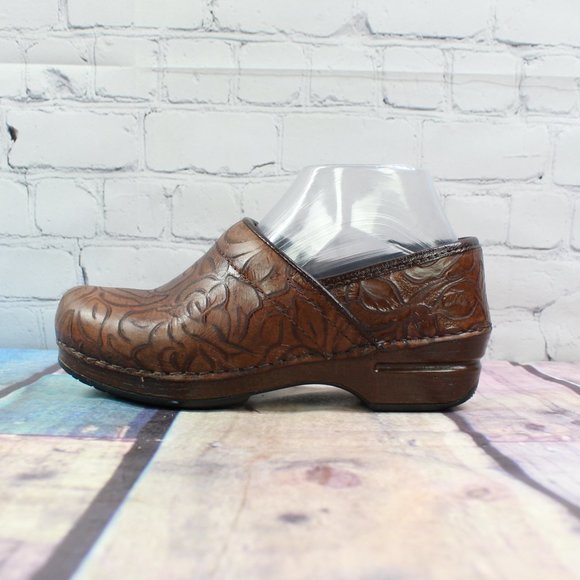 tooled leather clogs